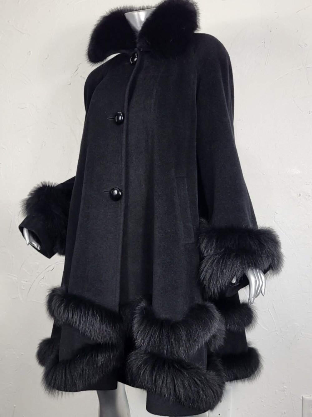 BELLE FARE~1X/2X~BLACK CASHMERE WOOL GENUINE REAL FOX FUR TRIM COAT JACKET